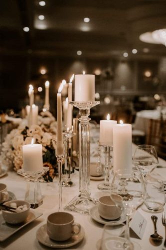 Candles on wedding table close up by Rosewater Decor
