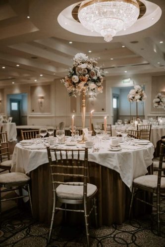 Wedding table with Floral arrangement and candles by Rosewater Decor